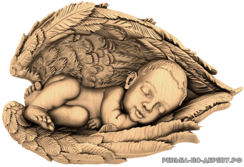 Резное панно Спящее дитя в крыльях  из дерева